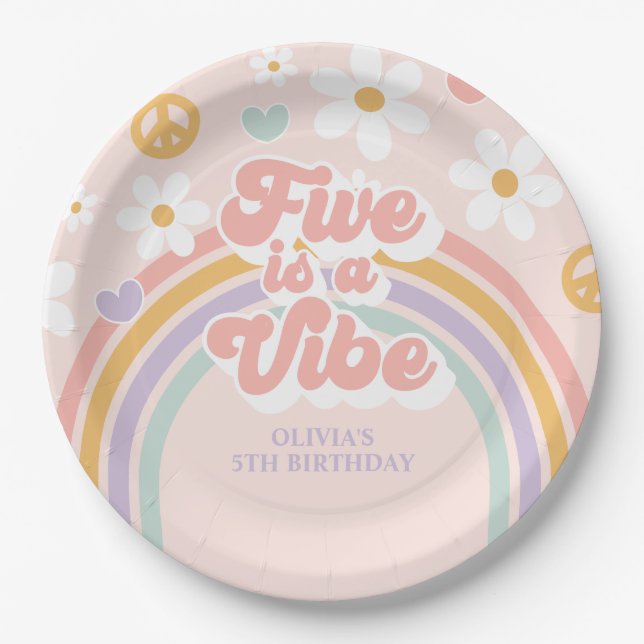 Prato De Papel Retro Rainbow Five é uma Vibração 5º Aniversário (Frente)