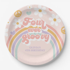 Prato De Papel Retro Rainbow Four Ever Groovy 4th Birthday