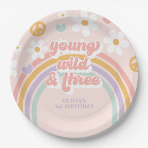 Prato De Papel Retro Rainbow Young Wild Três aniversário de 3 ano