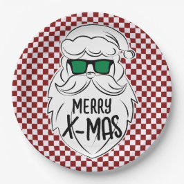 Prato De Papel Retro Red Pink Checkered Santa Claus Christmas 