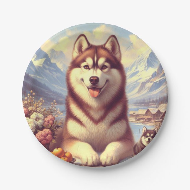 Prato De Papel Retro Siberian Husky Pintura (Frente)