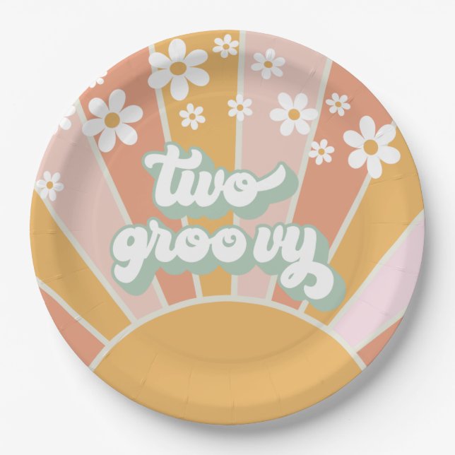 Prato De Papel Retro Sunshine Dois Aniversário Groovy Daisy (Frente)