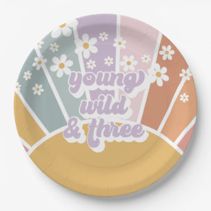 Prato De Papel Retro Sunshine Rainbow Daisy aniversário de 3 anos