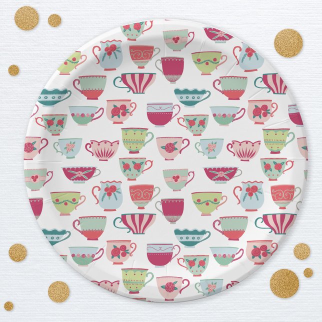 Prato De Papel Retro Tea Party Pastel (Modern retro teacup tea party paper plates)
