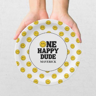 Prato De Papel Retro Um Cara Feliz Sorriso Rosto Menino 1º Aniver