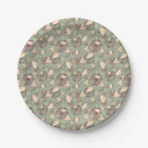 Prato De Papel retro verde marrom laranja linda borboleta