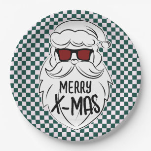 Prato De Papel Retro Verde Rosa Xadrez Papai Noel Natal