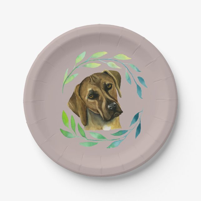 Prato De Papel Rhodesian Ridgeback com uma aguarela da grinalda (Frente)