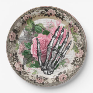 Prato De Papel Rico Mão de Esqueleto com Rosas Vintage Halloween