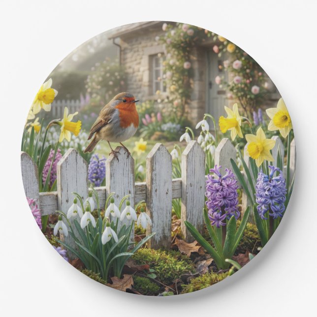 Prato De Papel Robin em uma cerca de jardim de primavera (Frente)