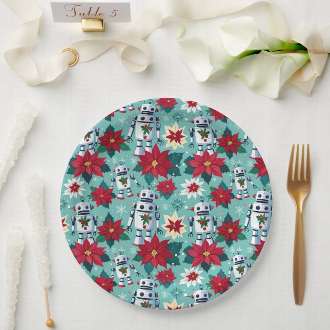Prato De Papel Robôs de Natal e Poinsettias (Casamento)