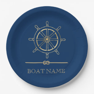 Prato De Papel Roda de Leme de Ouro Náutico, Azul Marinho