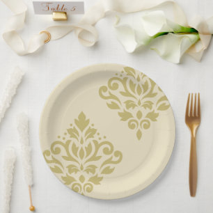 Prato De Papel Rolar Damask Art I Dourado em Creme
