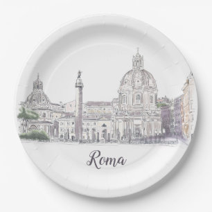 Prato De Papel Roma Itália City Scene Domes Obelisk Tinta Desenh