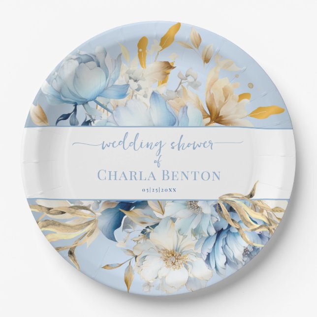 Prato De Papel Romance Blue Floral Gold Wedding Shower (Frente)