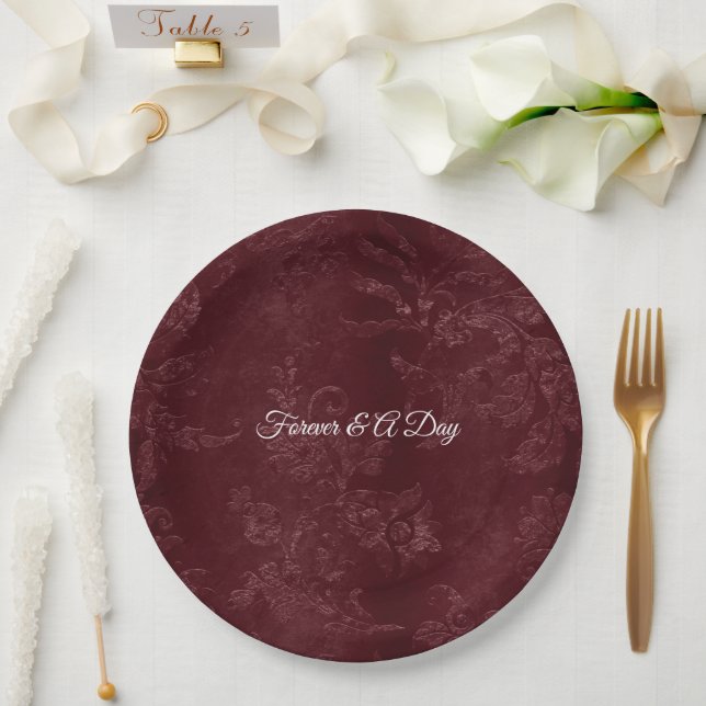 Prato De Papel Romantic Deep Red Burgundy Floral Wedding (Casamento)