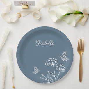 Prato De Papel Romântico elegante floral azul poeirento