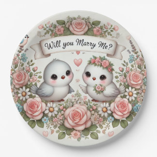 Prato De Papel Romântico "Vai Me Casado?" Placa de papel Lovebird