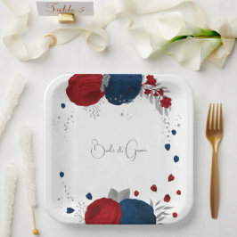 Prato De Papel romântico vermelho e marinho flores de prata botân