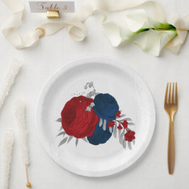 Prato De Papel romântico vermelho & flores navy prata botânico