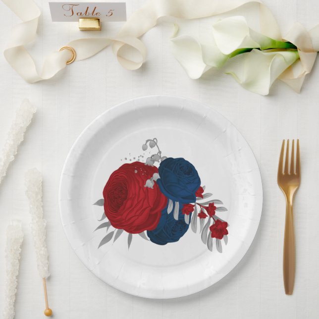 Prato De Papel romântico vermelho & flores navy prata botânico (Casamento)