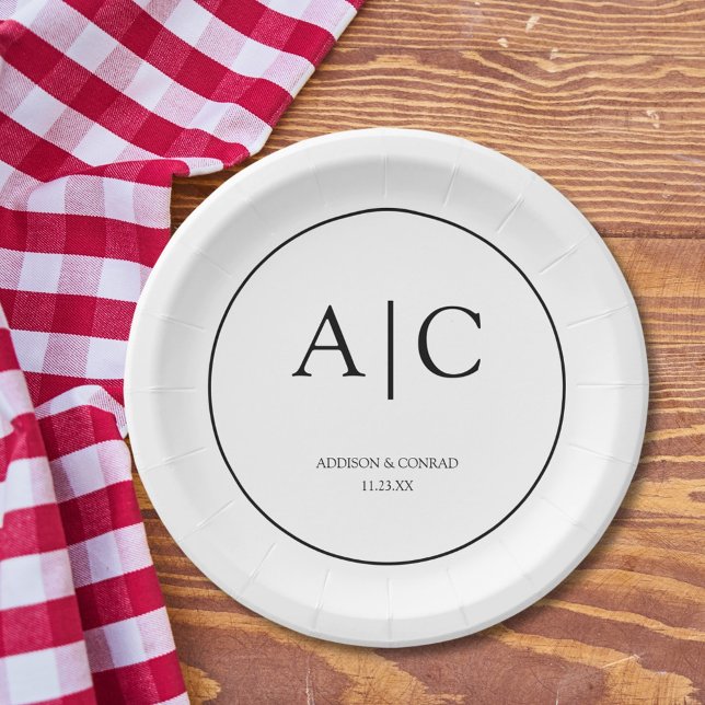 Prato De Papel Ronda de Casamento do Monograma Branco Elegante Mo (Criador carregado)