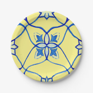 Prato De Papel Rondel Mediterrâneo Amarelo e Azul