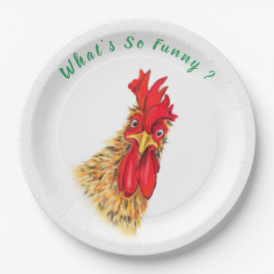 Prato De Papel Rooster Curioso Surpreendido - Texto Personalizado