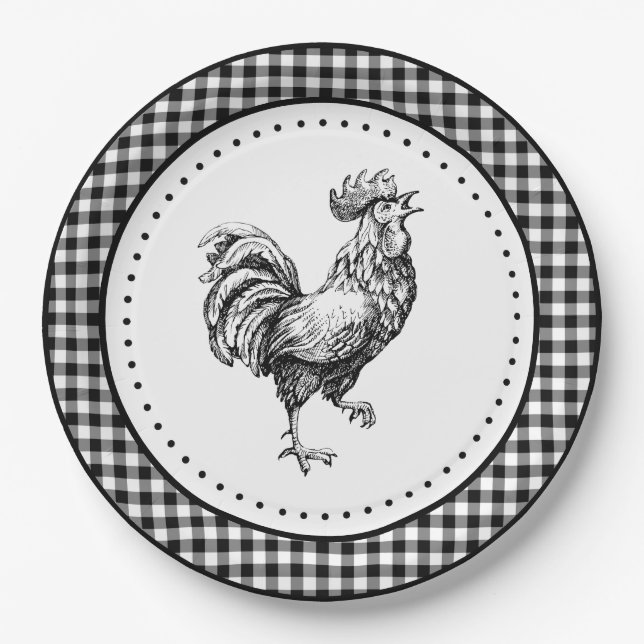 Prato De Papel Rooster Gingham (Frente)