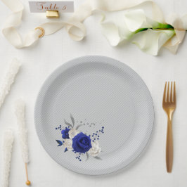 Prato De Papel rosa azul real flores brancas cinza
