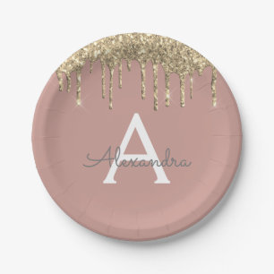 Prato De Papel Rosa Bege - Monograma de Glitter Dourado de Aniver