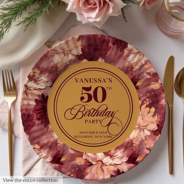 Prato De Papel Rosa de ouro borrado 50 anos (Burgundy blush gold roses woman 50th birthday Paper Plates)
