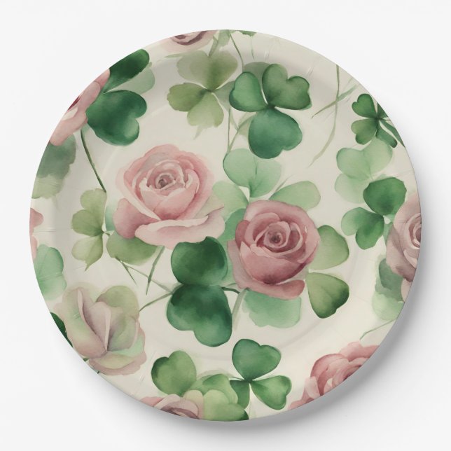 Prato De Papel Rosa de Shamrock com Aquarela (Frente)