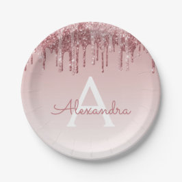 Prato De Papel Rosa Dourado Brilho e Brilhe Monograma Aniversário