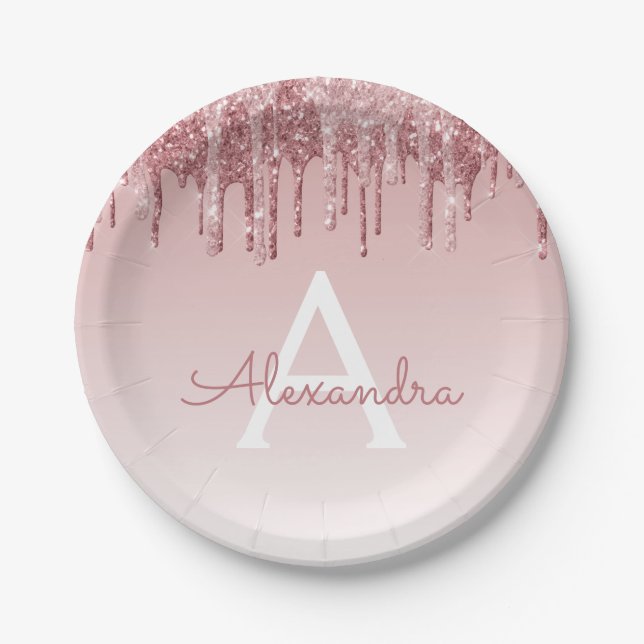 Prato De Papel Rosa Dourado Brilho e Brilhe Monograma Aniversário (Frente)