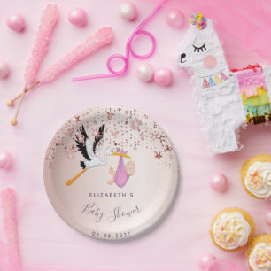 Prato De Papel Rosa dourado, estrelas brilhantes, chá de fraldas