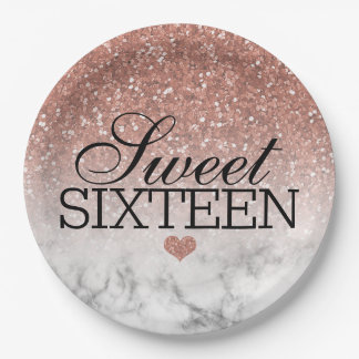 Prato De Papel Rosa Dourado Faux Glitter/Marble Sweet 16