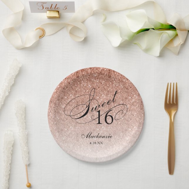 Prato De Papel Rosa Dourado Glitter Sweet 16 Personalizado (Casamento)