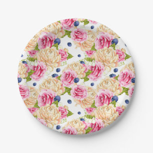 Prato De Papel Rosa e Marfim Rosa e Mirtilo Padrão Floral