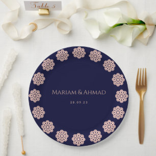Prato De Papel Rosa e Marinho Ornamental Faux Casamento Floral El