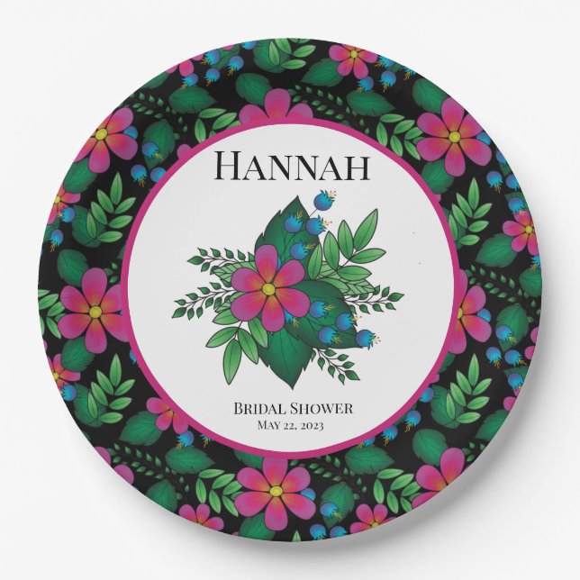 Prato De Papel Rosa Floral Bem Vibrante no Preto (Frente)