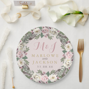 Prato De Papel Rosa Floral Boho Monograma de Casamento Rose Pink 