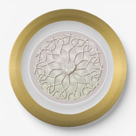 Prato De Papel Rosa Geométrico Dourado Padrão de Coração de AMOR