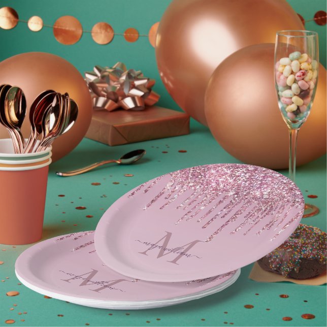 Prato De Papel Rosa Glitter Drives Monograma Personalizado E Nome (Múltiplo)