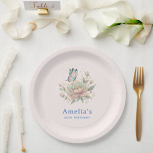 Prato De Papel Rosa Mágica e Borboleta Cores Pastéis de Aniversár