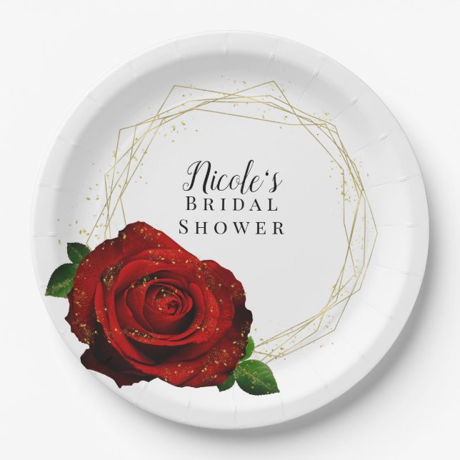 Prato De Papel Rosa Ouro Geométrico Glam Festa de Noivado (Frente)