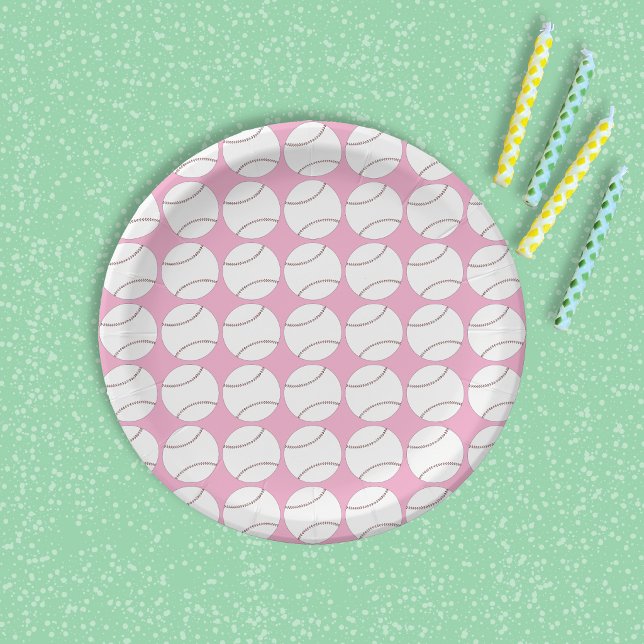 Prato de Papel Rosa Padrão de Beisebol (Pink paper plate with a simple baseball pattern . )