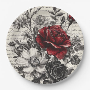 Prato De Papel Rosa Preta Vermelha Flores de Manuscrito Antigo