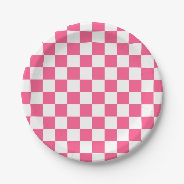 Prato De Papel Rosa quente e branco Checkered (Frente)
