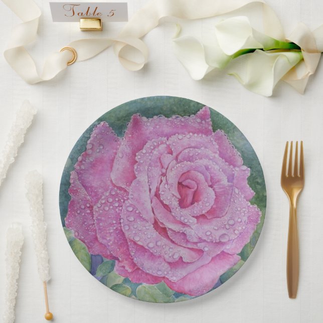 Prato De Papel Rosa Rosa com Gotículas de Chuva  (Casamento)